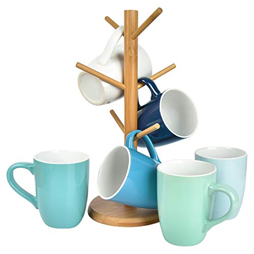 Set of 6 Coffee Mug Set with Stand, 16 Ounce Ceramic Coffee Mugs with Holder, Restaurant Coffee Mugs, Cool Assorted Colors Coffee Mugs, Colorful Coffee Mugs for Coffee or Tea
