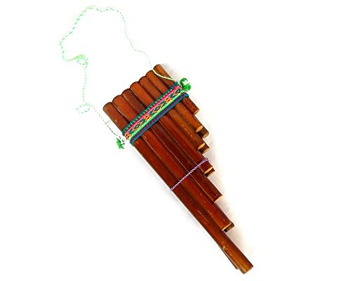 Handmade Peruvian Natural Wooden Bamboo Pan Flute Pipe with Multicolored Tribal Print Woven Cotton Strap Woodwind Musical Instrument (Large)