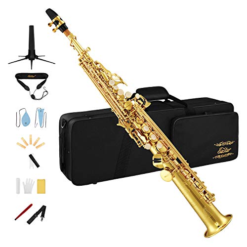 Eastar Bb Soprano Saxophone Straight Sax SS-Ⅱ Gold B Flat Students Beginners with Carrying Case Mouthpiece Straps Gloves Reeds Stand Cork Grease Cleaning Cloth & Brush