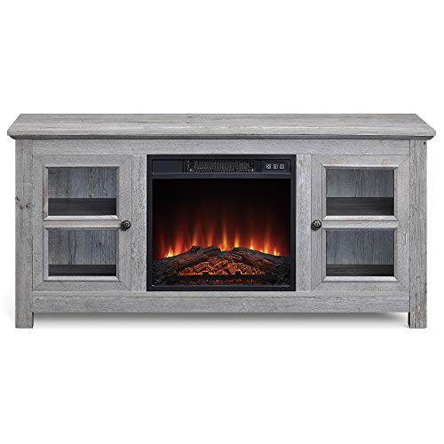 BELLEZE 014-HG-41800-HT-LGY 50' Wood Console for TV's up to 55' Living Room Storage W/Electric Fireplace & Remote Control, Light Grey