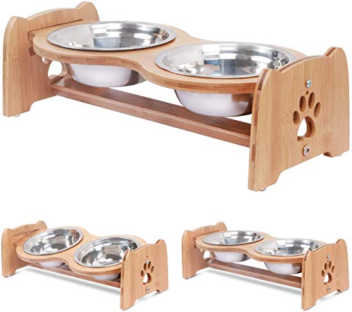 X-ZONE PET Raised Pet Bowls for Cats and Dogs, Adjustable Bamboo Elevated Dog Cat Food and Water Bowls Stand Feeder with 2 Stainless Steel Bowls and Anti Slip Feet (Height 5.1')