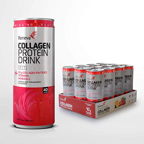 Reneva Collagen Protein Drink - 10g Collagen Peptides, Electrolytes, B-Vitamins, Zinc, and Zero Sugar (Strawberry Lemon Flavor, 12 Pack)