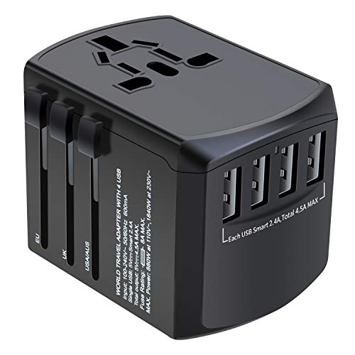 Travel Adapter, Universal Plug Adapter for Worldwide Travel, International Power Adapter, Plug Converter with 4 USB Ports, All in One Wall Charger AC Socket for European UK AUS Asia Cell Phone Laptop