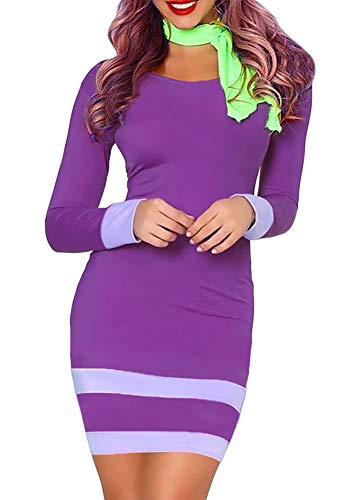 Halloween Adult Costume Women Long Sleeve Bodycon Cosplay Sexy Mini Dress Purple S