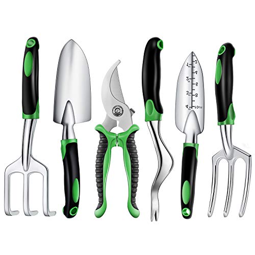 Binoteck Garden Tools Set - 6 Piece Aluminum Alloy Gardening Tool Set Gifts Includes Weeder, Hand rake, Cultivator, Hand Trowel and Transplants Trowel with Rubberized Non-Slip Grip for Women and Man