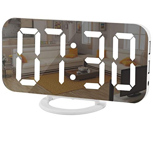 Digital Clock Large Display, LED Electric Alarm Clocks Mirror Surface for Makeup with Diming Mode, 3 Levels Brightness, Dual USB Ports Modern Decoration for Home Bedroom Decor-White