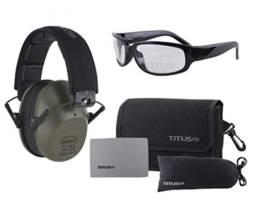 Titus 2 Series Slim-Line 34 NRR Hearing Protection & G1 Bold Classic Z87.1 Safety Glasses Combos (Olive, Clear)