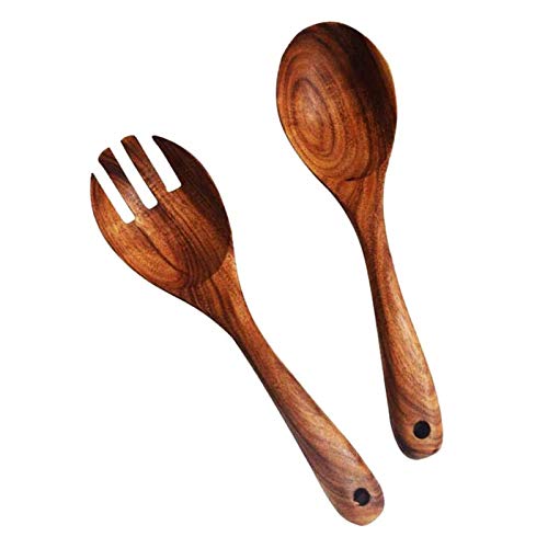 Kalinco Wooden Acacia Salad Servers with Salad Spoon and Fork Set Cooking Utensils for Kitchen (Natural Handmade Cookware) (salad servers)