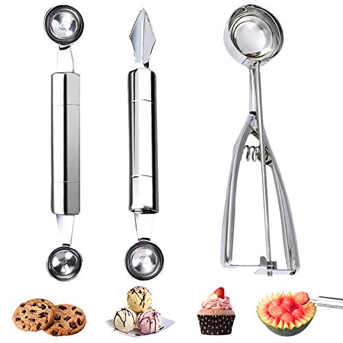 VOKUA Cookie Scoop & Melon Baller Scoop, 3 Pieces Stainless Stell Set Dough Scoop Cupcake Scoop, for Cutting and Scooping Fruit Melons