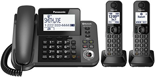 PANASONIC Bluetooth Corded / Cordless Phone System with Answering Machine, Enhanced Noise Reduction and One-Touch Call Block - 2 Handsets - KX-TGF382M (Metallic Black)