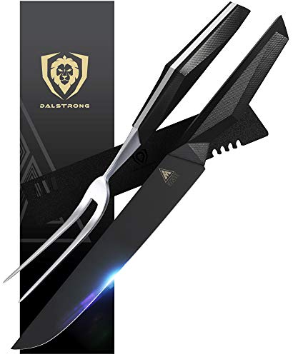 DALSTRONG Carving Knife & Fork Set - 9' Blade - Shadow Black Series - Black Titanium Nitride Coated German HC Steel - Sheath - NSF Certified