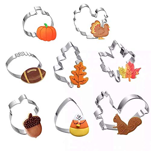 Fall Thanksgiving Cookie Cutters Set - 8 Pieces - Pumpkin, Turkey, Maple Leaf, Oak Leaf,Squirrel,Candy Corn and Acorn- Stainless Steel