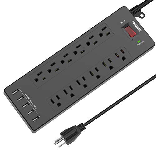Power Strip, POWERIVER Surge Protector with 12 Outlets and 5 USB Ports, Heavy Duty 6ft Extension Cord(1875W/15A), Multiplug for Multiple Devices Smartphone Tablet Laptop Computer, ETL Listed -Black