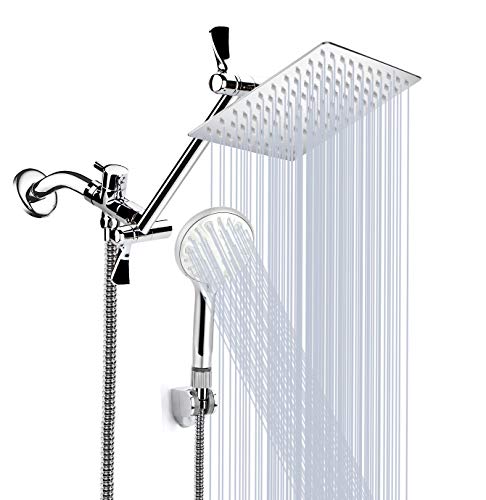 Shower Head, 8'' High Pressure Rainfall Shower Head/Handheld Shower Combo with 11'' Extension Arm, 9 Settings Adjustable Anti-leak Shower Head with Holder, Height/Angle Adjustable, 1.5M Hose, Chrome