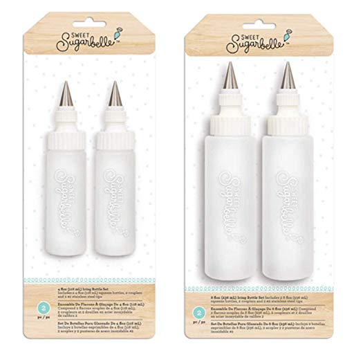 Sweet Sugarbelle Cookie Icing Bottles - 4 Ounce & 8 Ounce Squeeze Bottles with Couplers and Stainless Steel Tips