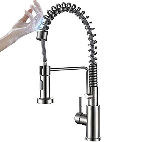 Touch On Kitchen Faucets with Pull Down Sprayer, Single Handle Kitchen Sink Faucet with Pull Out Sprayer, Stainless Steel Touch Activated Faucet (Brushed Stainless Steel)