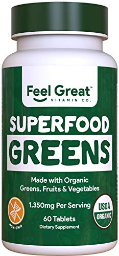 Organic Super Greens Fruit & Vegetable Tablets by Feel Great 365 – Superfood Green Juice Powder Supplement – Increase Energy, Improve Wellness, Alkalize The Body Halal Certified
