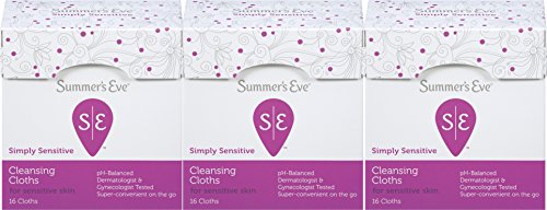 Summer's Eve Cleansing Cloths | Simply Sensitive |16 Count | Pack Of 3 | pH-Balanced, Dermatologist And Gynecologist Tested