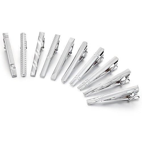 AnotherKiss Tie Clip Set of Men Classic Jewelry Gift, 10 Pcs of Silver Tone, 2.3 Inches