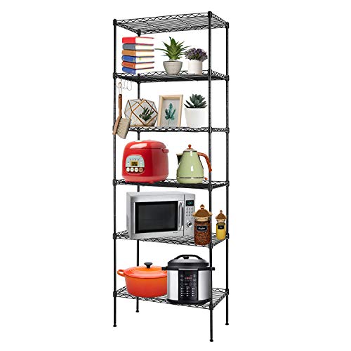 Devo 6-Tier Standing Shelf Height-Adjustable Storage Shelving, Waterproof Wire Shelving Unit Storage Shelves Side with 4 Hooks 21.3' L x 11.4' W x 63.0' H (Black)