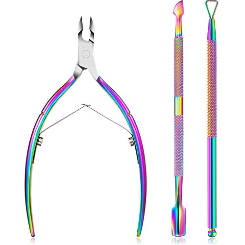 Bememo Cuticle Nipper with Cuticle Pusher Stainless Steel Cuticle Remover and Cutter Beauty Tool for Fingernails and Toenails (Chameleon)