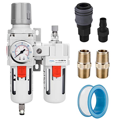 NANPU 1/2' NPT Compressed Air Filter Regulator Lubricator Combo Water/Oil Trap Separator - Gauge(0-150 psi), Poly Bowl, Semi-Auto Drain, Bracket - 3 in 1 Two Unit