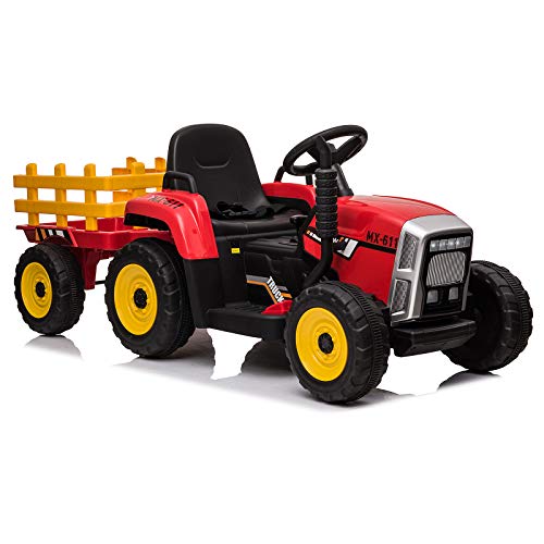 sopbost 12V Ride On Tractor with Remote Control Electric Cars for Kids Toy Ride On Car Battery Powered Tractor with Detachable Trailer, LED Light, Bluetooth, Music Player, Red