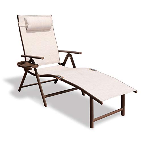 GOLDSUN Aluminum Outdoor Folding Reclining Adjustable Chaise Lounge Chair with Headrest and Tray for Backyard Beach Porch Patio Swimming Poolside (Single, Beige)