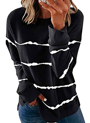 Biucly Womens Fashion Crewneck Tie Dye Black Sweatshirt Striped Printed Oversized Loose Soft Long Sleeve Fall Pullover Tops Shirts Halloween Hoodies & Sweatshirts for Women Teen Girls X-Large