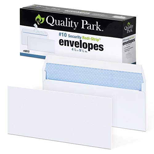 Quality Park #10 Self-Seal Security Envelopes, Security Tint and Pattern, Redi-Strip Closure, 24-lb White Wove, 4-1/8' x 9-1/2', 100/Box (QUA69117)