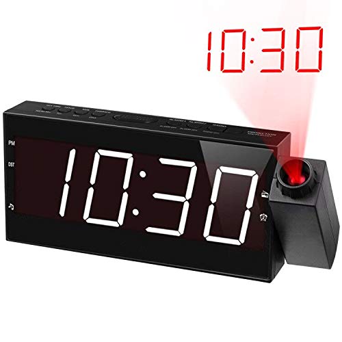 Projection Alarm Clock Radio for Bedrooms,Wall Ceiling Clock with FM Radio,180° Projector,7' Large Display & 5 Dimmer,Buzzer/Radio