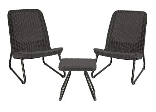 Keter Rio 3 Piece Resin Wicker Patio Furniture Set with Side Table and Outdoor Chairs, Dark Grey