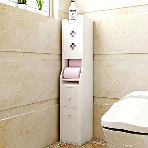 IOTXY Bathroom Floor Storage Cabinet, Toilet Tissue Cabinet with Trash Can and Drawer, Toilet Paper Storage Container, White