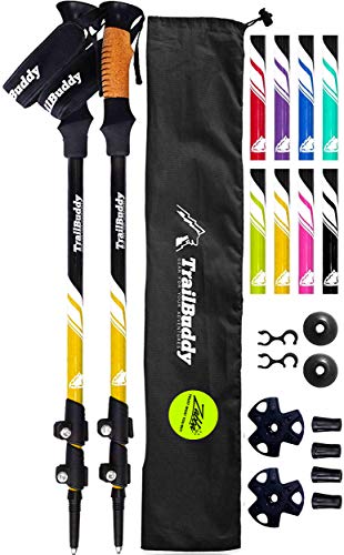 TrailBuddy Lightweight Trekking Poles - 2-pc Pack Adjustable Hiking or Walking Sticks - Strong Aircraft Aluminum - Quick Adjust Flip-Lock - Cork Grip, Padded Strap - (Bumblebee Yellow)