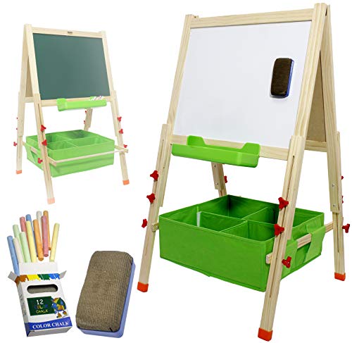 VViViD Premium All-in-One Reversible Blackboard and Whiteboard Folding Wooden Kid’s Art Easel with Drawing Accessory Bundle