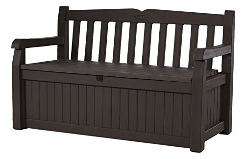 Keter Eden 70 Gallon Storage Bench Deck Box for Patio Furniture, Front Porch Decor and Outdoor Seating – Perfect to Store Garden Tools and Pool Toys,Brown / Brown