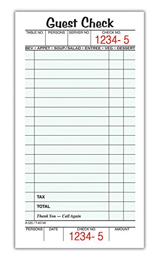 Adams Guest Check Pads, Single Part, Perforated, White, 3-2/5' x 6-3/4 ', 50 Sheets/Pad, 5 Pads/Pack (525SWMT)