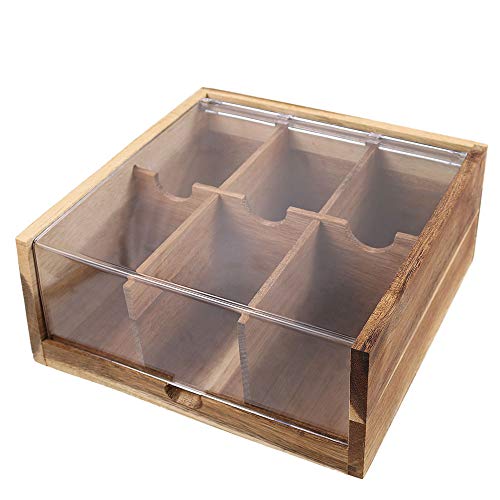 Acacia Wood Tea Bag Organizer Storage, 6 Compartments Tea Chest Box with Acrylic Transparent Hinged Lid By HTB