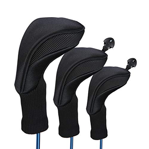 LONGCHAO Black Golf Head Covers Driver 1 3 4 5 7 X Fairway Woods Headcovers Long Neck Neoprene Protective Covers with Interchangeable No. Tags Fits All Fairway and Driver Clubs(3pcs)