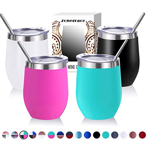 Zonegrace 4 pack 12 oz Stainless Steel Stemless Wine Glass Tumbler Multicolor Double Wall Vacuum Insulated Wine Tumbler with Lids Set of 4 for Coffee, Wine, Cocktails, Ice Cream Including 4 Straws