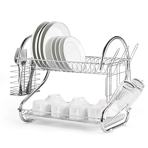 Glotoch Dish Drying Rack, 2 Tier Dish Rack with Utensil Holder, Cup Holder and Dish Drainer for Kitchen Counter Top, Plated Chrome Dish Dryer Silver 16.5 x 10 x 15 inch