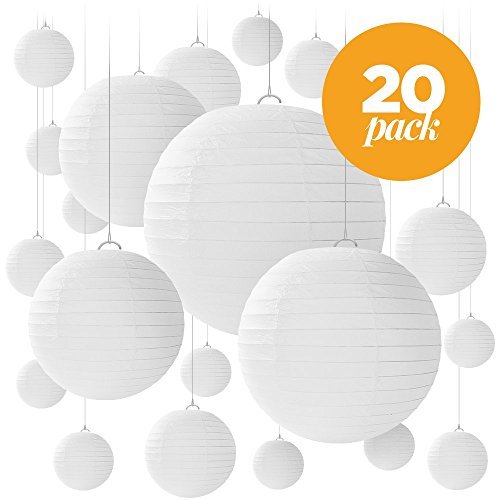 20 White Round Paper Lanterns for Weddings, Birthdays, Parties and Events - Assorted sizes of 6', 8', 10', 12' (5 of each size) - By Avoseta