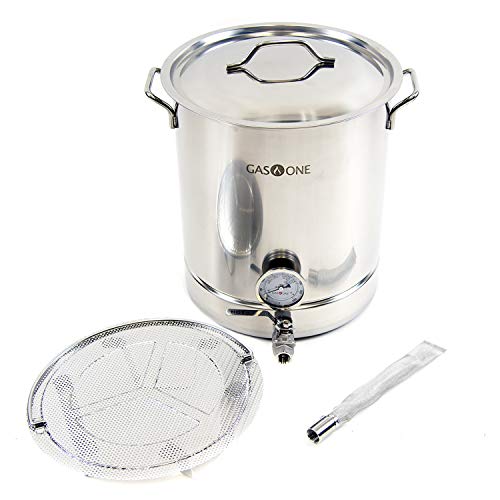 GasOne 64QT - 16 gallon Stainless Steel Home Brew Pot Brew Kettle Set 40 Quart TRI PLY Bottom for Beer Brewing Includes Lid Ball valve Thermometer False bottom Mesh Tube tool Complete Kit