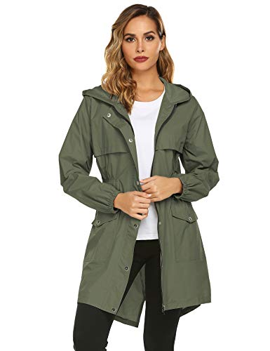 Avoogue Rain Coats for Women Waterproof Long Hooded Trench Coats Travel Jacket Army Green