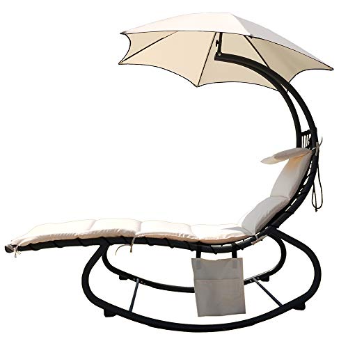 BalanceFrom Hanging Rocking Curved Chaise Lounge Chair Swing with Cushion, Pillow, Canopy, Stand and Storage Pouch, 330-Pound Capacity, Rocking Chair, Beige