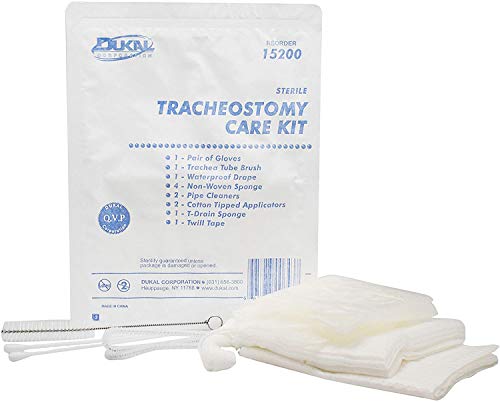 Dukal Tracheostomy Care Kit. Sterile Compact and Disposable Kit with All Necessary Items. Individual Needs. Gloves, Trachea Tube Brush, Sponges, Pipe Cleaners, Twill Tape, T-Drain Sponge.