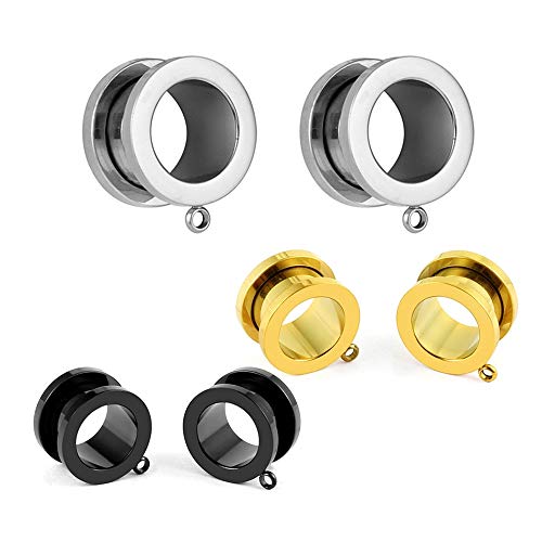 Gauge: 0g(8mm) 3 Pairs LADEMAYH DIY Ear Tunnels Plugs Accessories Dangle Gauges Body Piercing Jewelry, Gold Rose Gold Silver Stainless Steel Ear Gauges Expander for Women Mens