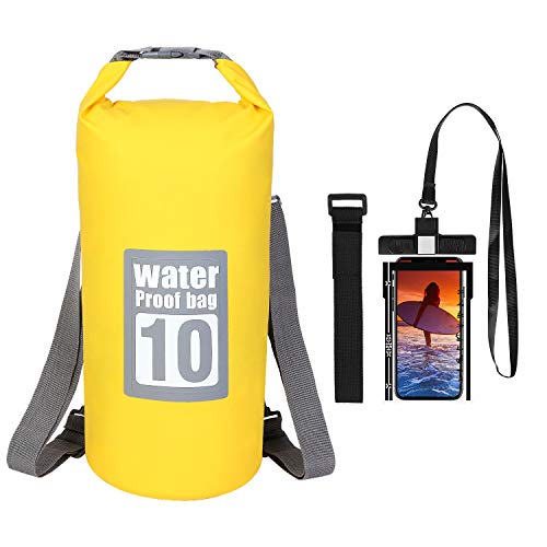 Waterproof Dry Bag - Floating Dry Sack 10L/20L Roll Top Dry Backpack with Waterproof Phone Case for Water Sports - Kayaking, Rafting, Boating, Swimming, Camping, Hiking, Beach & Travel (Yellow, 10L)