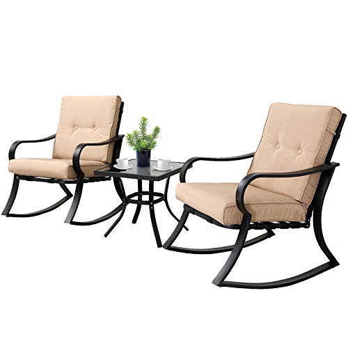 SOLAURA 3-Piece Outdoor Rocking Chairs Bistro Set, Black Steel Patio Furniture with Brown Thickened Cushion & Glass-Top Coffee Table