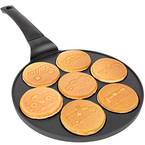 Car & Truck Mini Pancake Pan - Make 7 Unique Flapjack Cars, Nonstick Pan Cake Maker Griddle for Breakfast Fun & Easy Cleanup